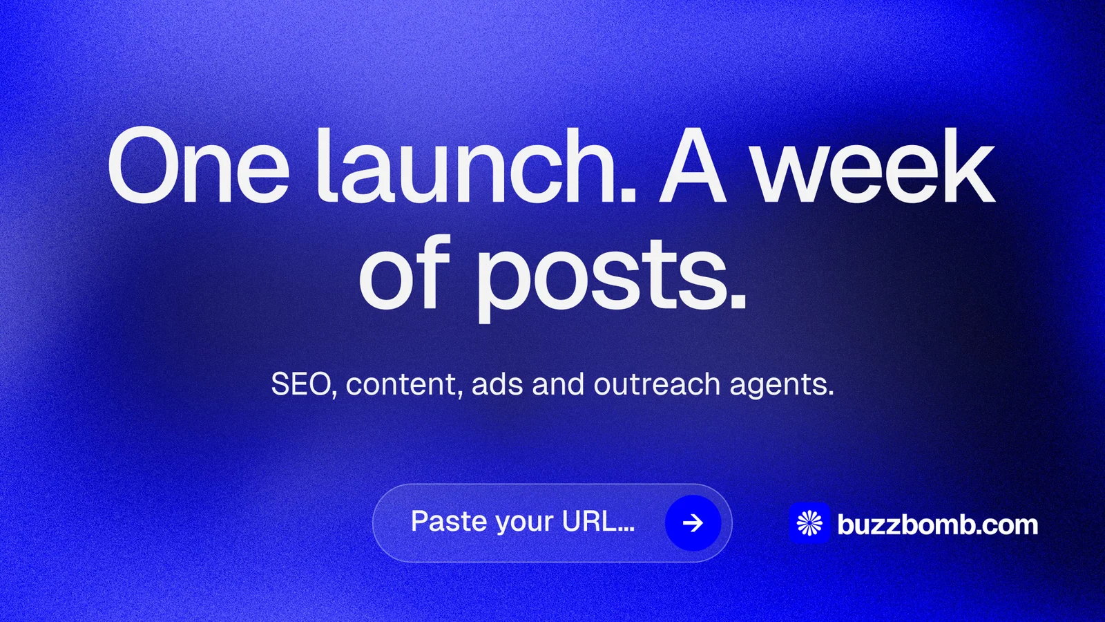 Landscape graphic for BuzzBomb: "One launch. A week of posts." Agentic glass style, centred layout, dark palette in blue.