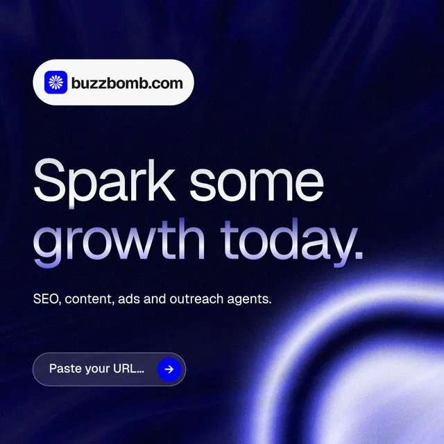 Instagram post for BuzzBomb: "Spark some growth today." Agentic glass style, announce layout, dark palette in black, blue.