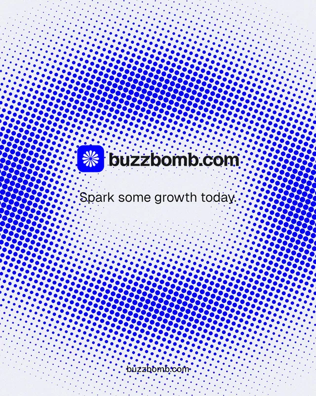Instagram portrait post for BuzzBomb: "Spark some growth today." Swiss style, end card layout, light palette in blue, white.