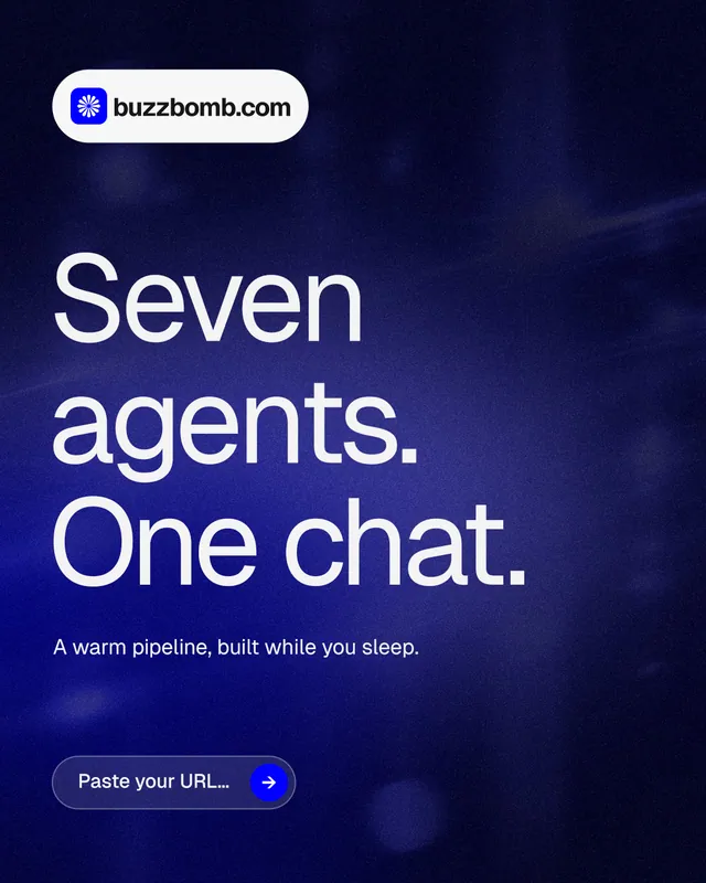 Instagram portrait post for BuzzBomb: "Seven agents. One chat." Agentic glass style, announce layout, dark palette in black, blue.