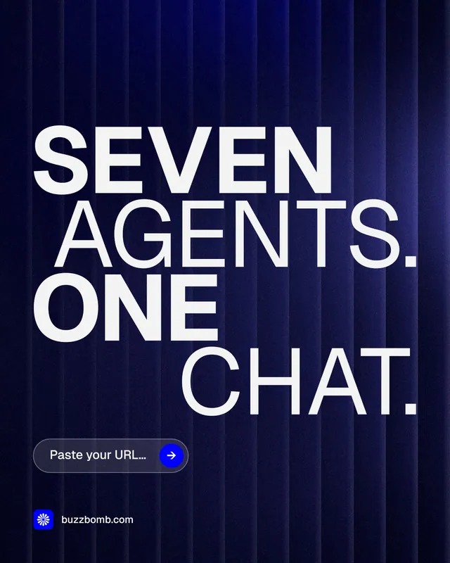 Instagram portrait post for BuzzBomb: "Seven agents. One chat." Agentic glass style, stacked layout, dark palette in blue, black, grey.