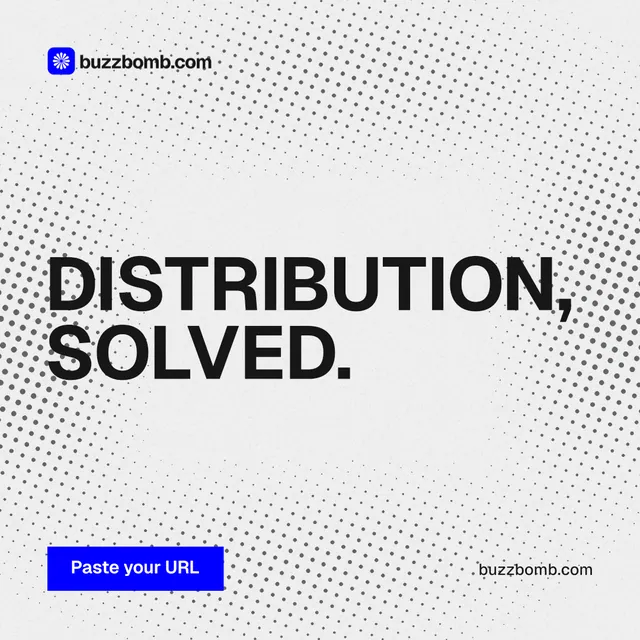 Instagram post for BuzzBomb: "Distribution, solved." Swiss style, poster layout, light palette in white, grey.