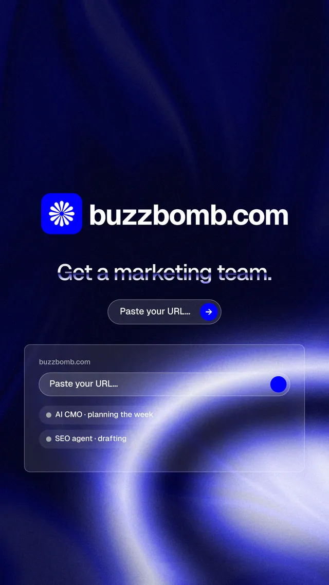 Instagram story for BuzzBomb: "Get a marketing team." Agentic glass style, logo hero layout, dark palette in black, blue.