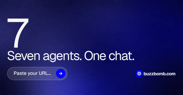 Social ad for BuzzBomb: "Spark some growth today." Agentic glass style, stat layout, dark palette in blue.