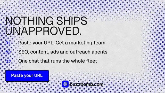 Landscape graphic for BuzzBomb: "Nothing ships unapproved." Brutalist style, numbered layout, light palette in blue, white.