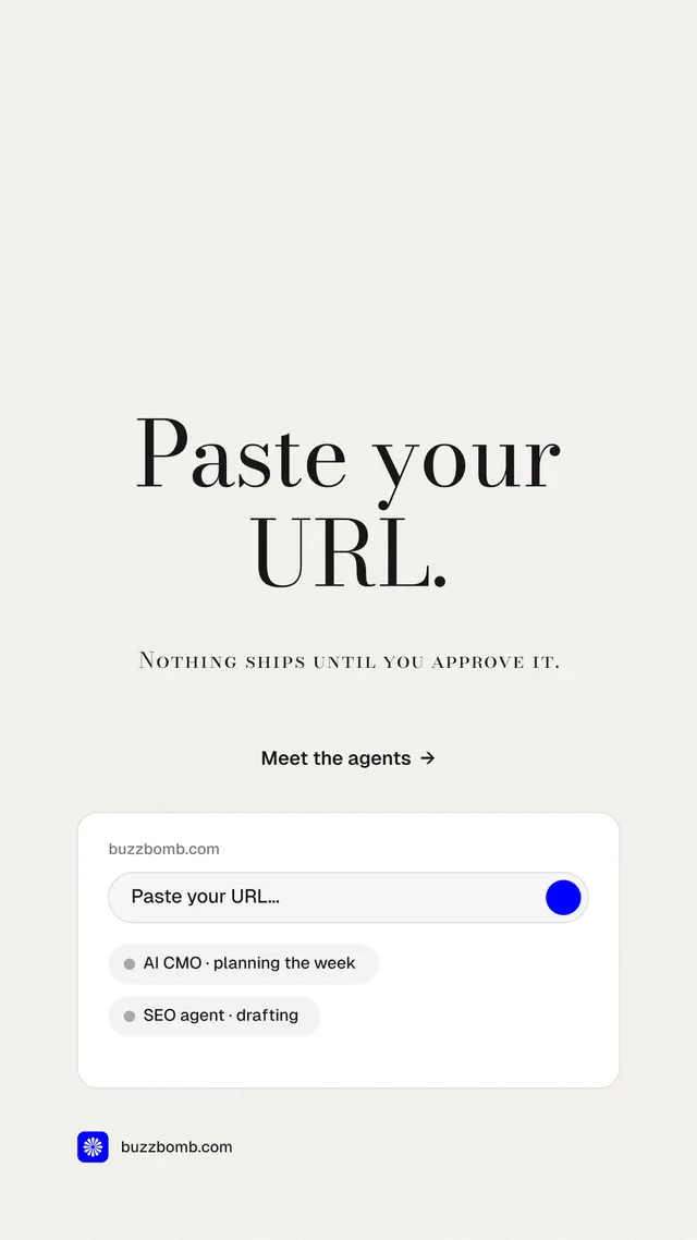 Instagram story for BuzzBomb: "Paste your URL." Minimal luxury style, smallcaps layout, light palette in white.