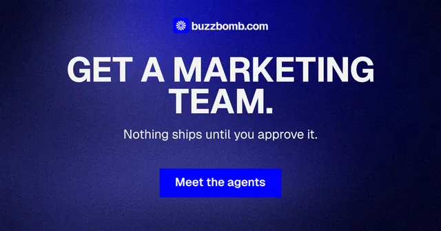 Social ad for BuzzBomb: "Get a marketing team." Swiss style, centred layout, dark palette in black, blue.