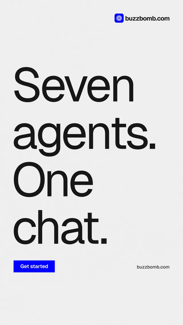 Instagram story for BuzzBomb: "Seven agents. One chat." Swiss style, poster layout, light palette in white, grey.