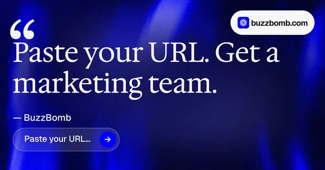 Social ad for BuzzBomb: "Get a marketing team." Agentic glass style, quote layout, dark palette in blue.