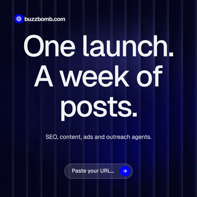 Instagram post for BuzzBomb: "One launch. A week of posts." Agentic glass style, centred layout, dark palette in black, blue, grey.