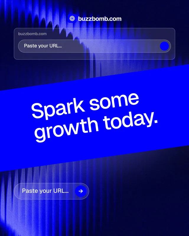 Instagram portrait post for BuzzBomb: "Spark some growth today." Agentic glass style, diagonal layout, dark palette in blue.