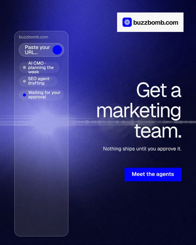 Instagram portrait post for BuzzBomb: "Get a marketing team." Swiss style, right layout, dark palette in black, blue.