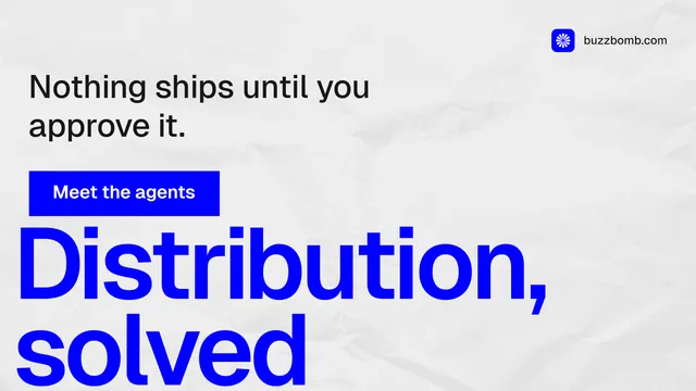 Landscape graphic for BuzzBomb: "Distribution, solved." Swiss style, oversized layout, light palette in white, blue.