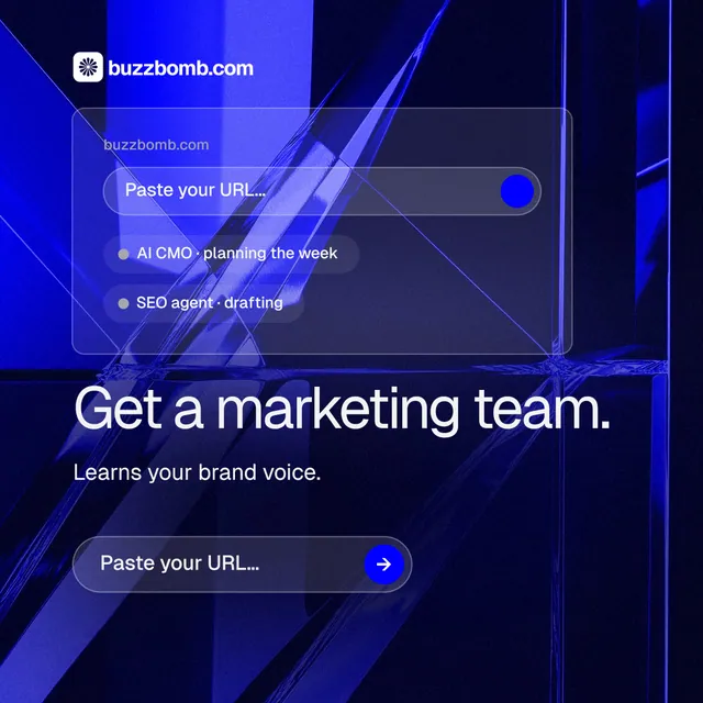 Instagram post for BuzzBomb: "Get a marketing team." Agentic glass style, skeleton layout, dark palette in black, blue.