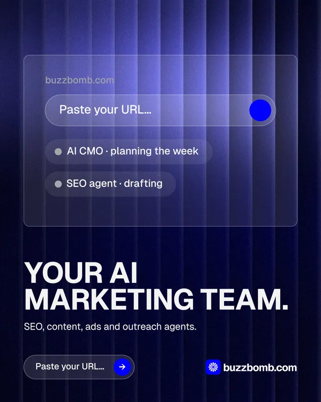 Instagram portrait post for BuzzBomb: "Your AI marketing team." Agentic glass style, bottom layout, dark palette in black, blue.