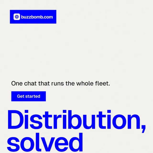 Instagram post for BuzzBomb: "Your AI marketing team." Swiss style, oversized layout, light palette in white, blue.