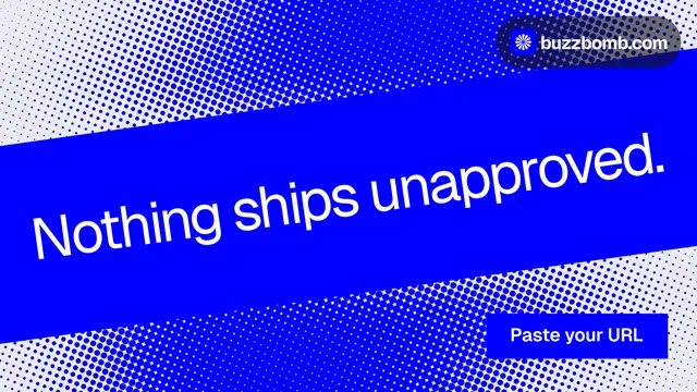 Landscape graphic for BuzzBomb: "Nothing ships unapproved." Swiss style, diagonal layout, dark palette in blue.