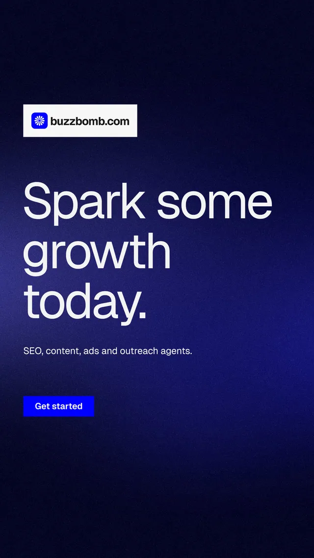 Instagram story for BuzzBomb: "Spark some growth today." Swiss style, announce layout, dark palette in blue, black.