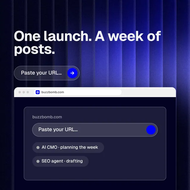 Instagram post for BuzzBomb: "One launch. A week of posts." Agentic glass style, browser layout, dark palette in blue, black, grey.