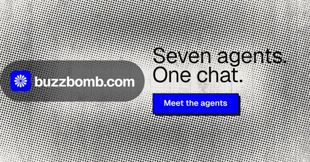 Social ad for BuzzBomb: "Seven agents. One chat." Brutalist style, logo hero layout, light palette in grey, white.