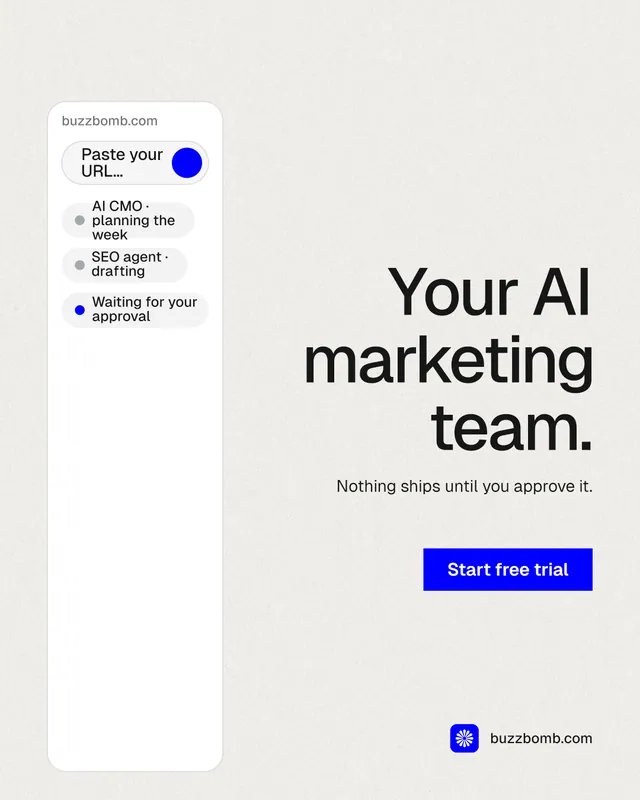Instagram portrait post for BuzzBomb: "Your AI marketing team." Swiss style, right layout, light palette in white, grey.