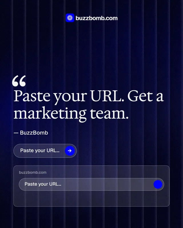 Instagram portrait post for BuzzBomb: "Get a marketing team." Agentic glass style, quote layout, dark palette in black, blue, grey.