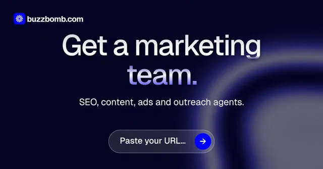 Social ad for BuzzBomb: "Get a marketing team." Agentic glass style, centred layout, dark palette in black, grey, blue.