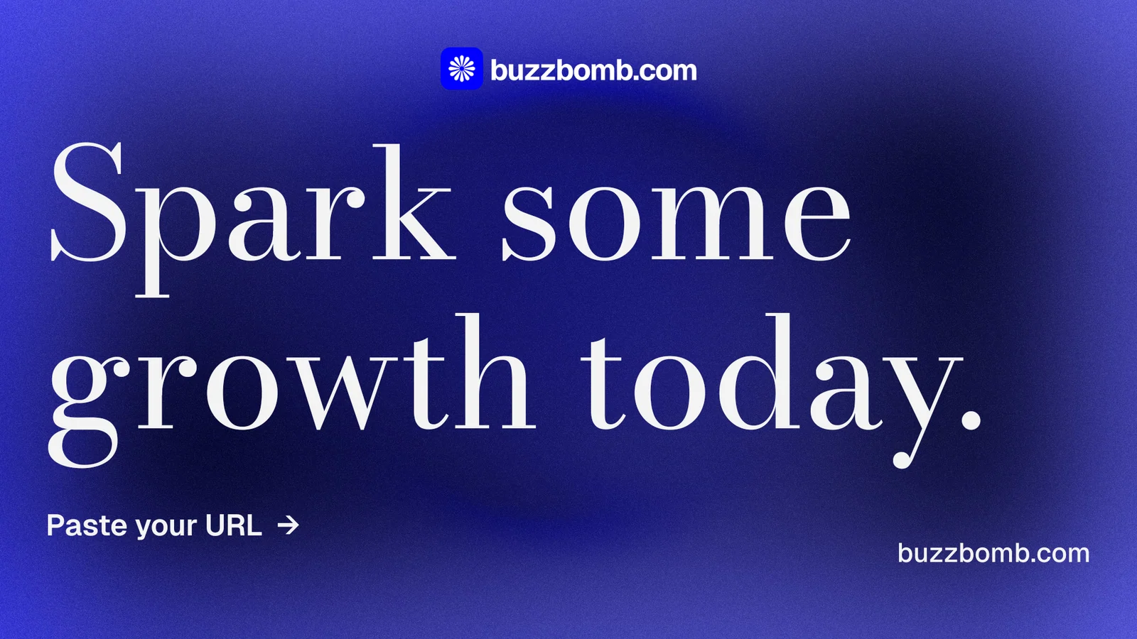 Landscape graphic for BuzzBomb: "Spark some growth today." Minimal luxury style, poster layout, dark palette in blue.