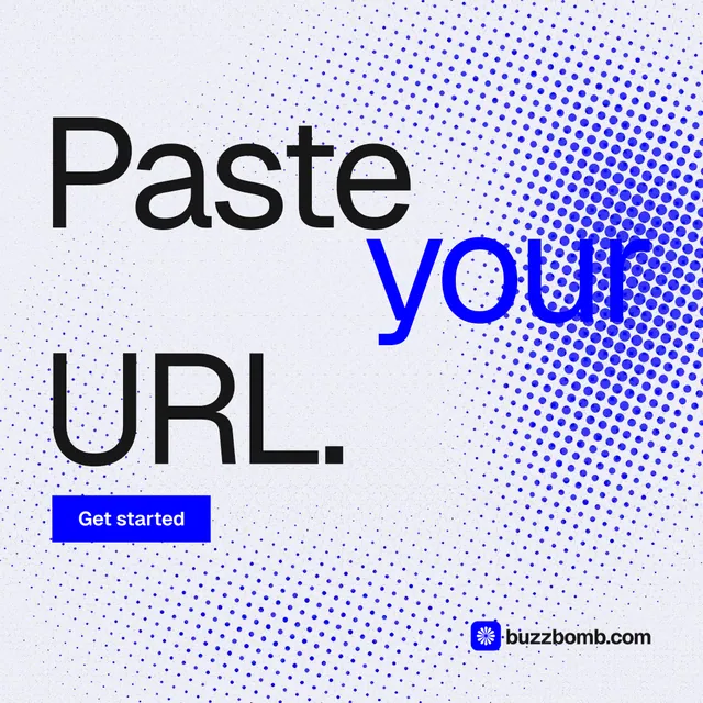 Instagram post for BuzzBomb: "Paste your URL." Split block style, stacked layout, light palette in blue, white.