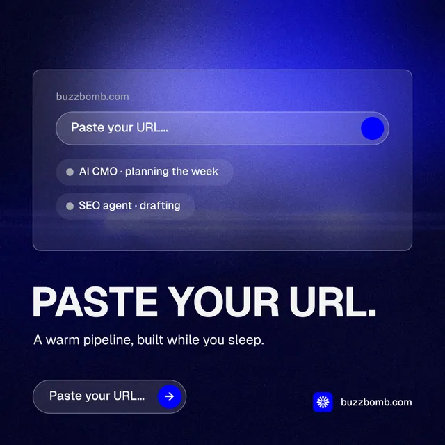 Instagram post for BuzzBomb: "Paste your URL." Agentic glass style, bottom layout, dark palette in blue, black.