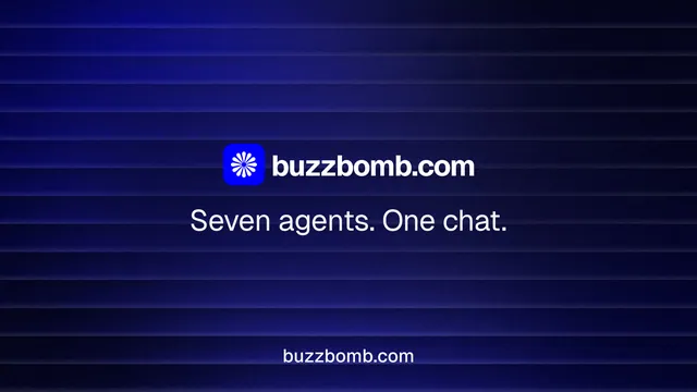 Landscape graphic for BuzzBomb: "Seven agents. One chat." Agentic glass style, end card layout, dark palette in black, blue.