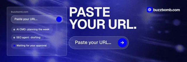 X header for BuzzBomb: "Paste your URL." Agentic glass style, skeleton layout, dark palette in blue.