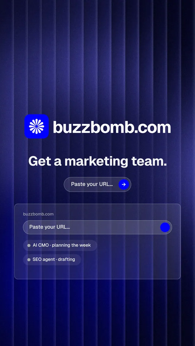 Instagram story for BuzzBomb: "Get a marketing team." Agentic glass style, logo hero layout, dark palette in blue.
