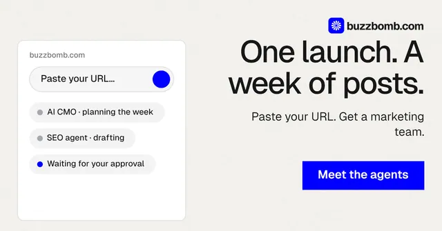 Social ad for BuzzBomb: "One launch. A week of posts." Swiss style, right layout, light palette in white, blue.