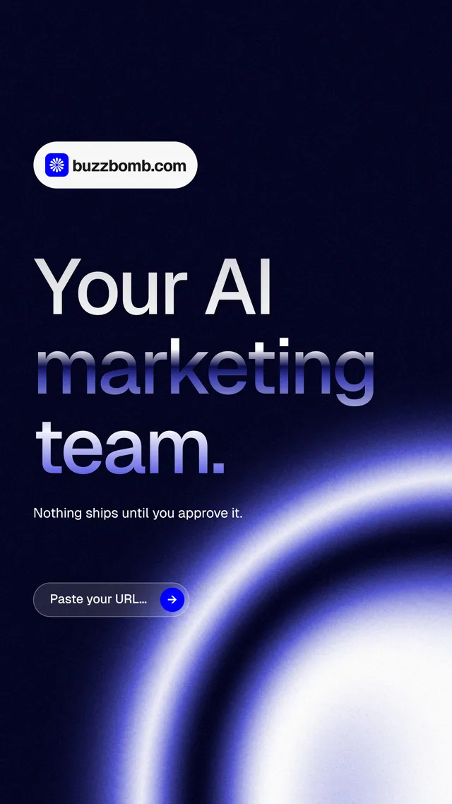 Instagram story for BuzzBomb: "Your AI marketing team." Agentic glass style, announce layout, dark palette in black, blue.