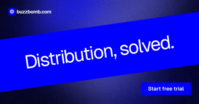 Social ad for BuzzBomb: "Distribution, solved." Swiss style, diagonal layout, dark palette in blue.