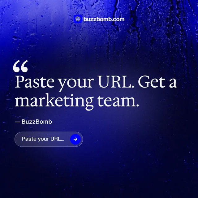 Instagram post for BuzzBomb: "Your AI marketing team." Agentic glass style, quote layout, dark palette in black, blue.