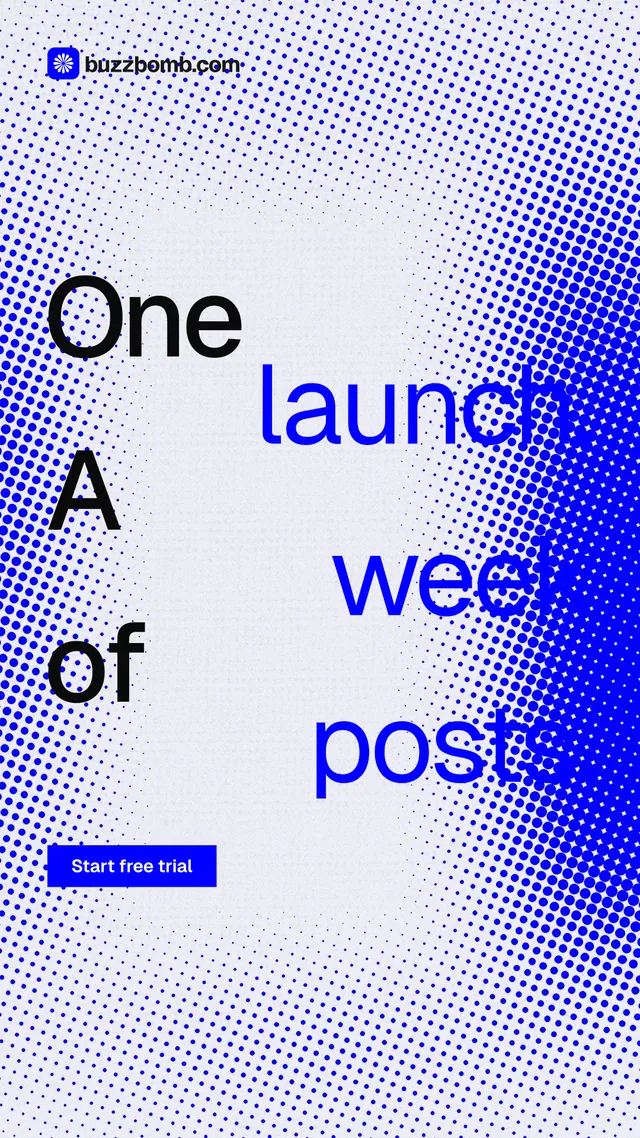 Instagram story for BuzzBomb: "One launch. A week of posts." Swiss style, stacked layout, light palette in blue, white.