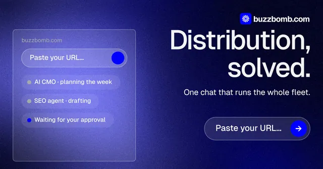 Social ad for BuzzBomb: "Distribution, solved." Agentic glass style, right layout, dark palette in blue, black.