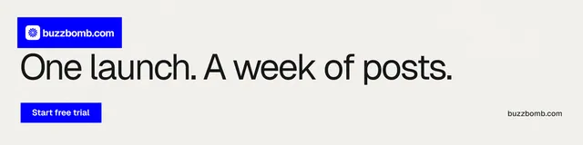 LinkedIn banner for BuzzBomb: "One launch. A week of posts." Swiss style, poster layout, light palette in white, grey, blue.