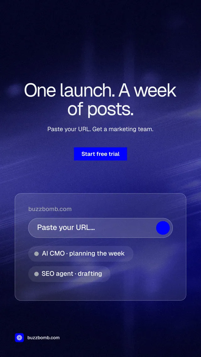 Instagram story for BuzzBomb: "One launch. A week of posts." Swiss style, centred layout, dark palette in black, blue.