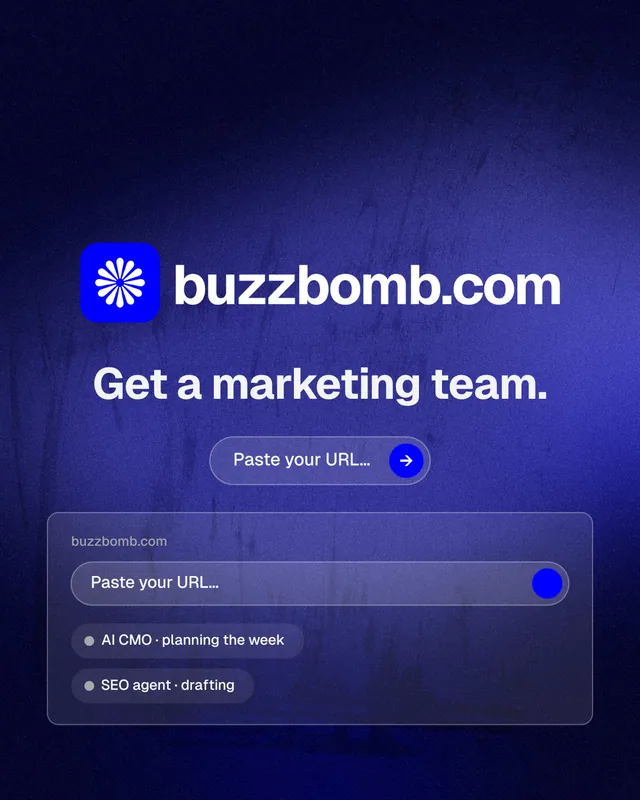 Instagram portrait post for BuzzBomb: "Get a marketing team." Agentic glass style, logo hero layout, dark palette in black, blue.