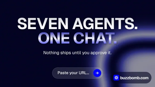 Landscape graphic for BuzzBomb: "Seven agents. One chat." Agentic glass style, centred layout, dark palette in black, grey, blue.