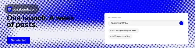 LinkedIn banner for BuzzBomb: "One launch. A week of posts." Swiss style, bottom layout, light palette in blue, white.