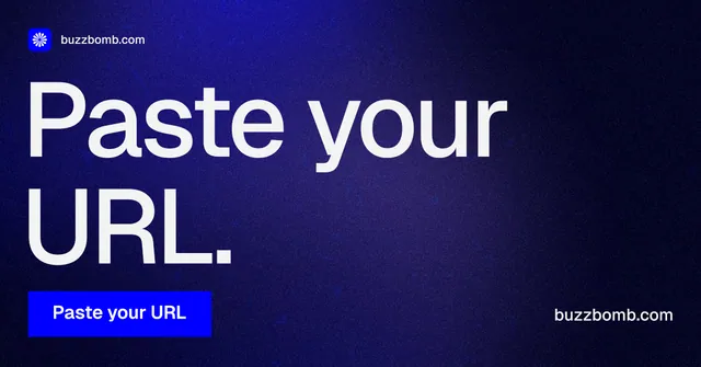 Social ad for BuzzBomb: "Paste your URL." Swiss style, poster layout, dark palette in black, blue.
