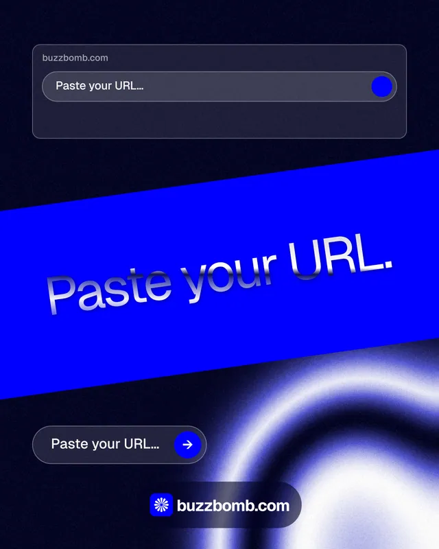 Instagram portrait post for BuzzBomb: "Paste your URL." Agentic glass style, diagonal layout, dark palette in black, blue.