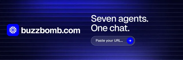 X header for BuzzBomb: "Seven agents. One chat." Agentic glass style, logo hero layout, dark palette in black, blue.