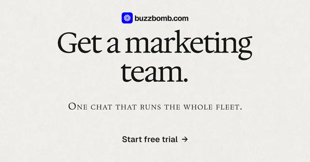 Social ad for BuzzBomb: "Get a marketing team." Swiss style, smallcaps layout, light palette in white.