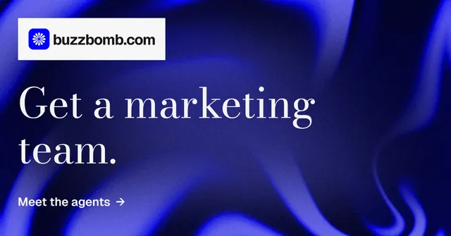 Social ad for BuzzBomb: "Get a marketing team." Minimal luxury style, announce layout, dark palette in blue.