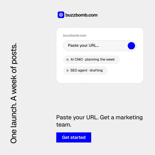 Instagram post for BuzzBomb: "One launch. A week of posts." Swiss style, vertical layout, light palette in white, blue.